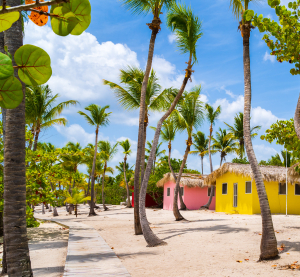 Bunte Strandh&auml;user unter Palmen an einem sonnigen Sandweg in der Dominikanischen Republik bei blauem Himmel.