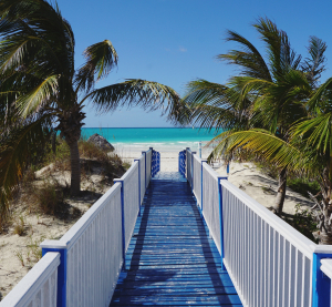 Ein h&ouml;lzerner Steg mit wei&szlig;en und blauen Gel&auml;ndern f&uuml;hrt durch Palmen direkt zu einem wei&szlig;en Sandstrand und dem t&uuml;rkisfarbenen Meer der Bahamas.