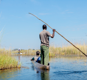 Mann steuert ein Kanu mit Stange durch das Okavango-Delta in Botswana
