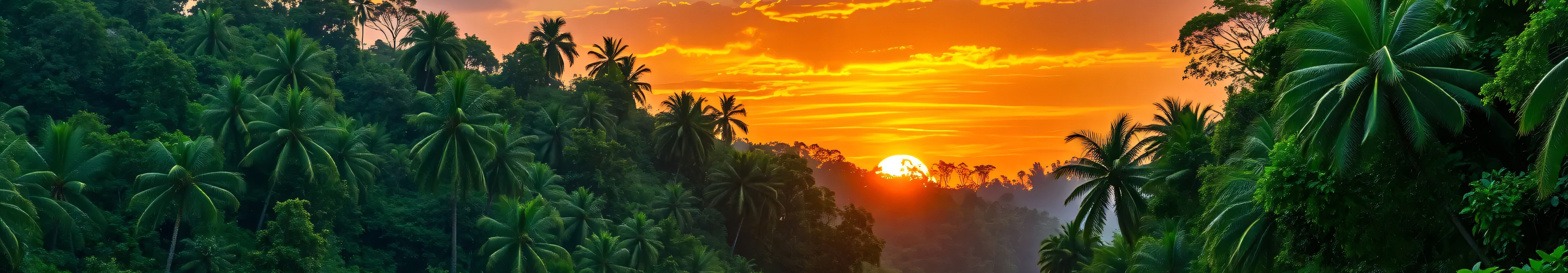 Dichter Regenwald mit Palmen vor untergehender Sonne über dem Amazonasgebiet.