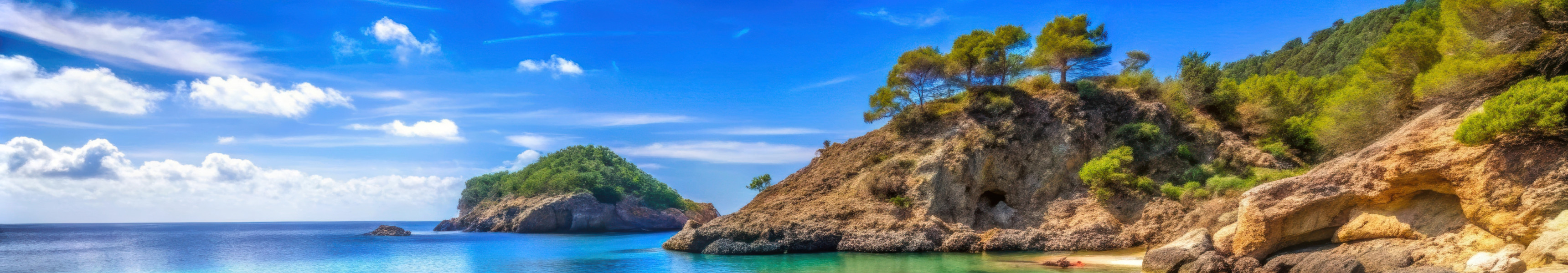 Kristallklares türkisblaues Wasser in einer idyllischen Bucht auf Ibiza, umgeben von Felsen, Pinien und einem kleinen Sandstrand.